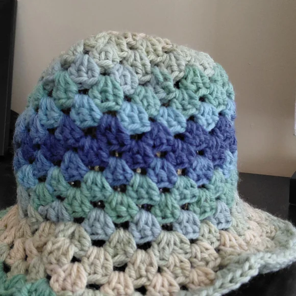 Handmade Crochet Bucket Hat in Blue, Green & Cream - Picture 3 of 4